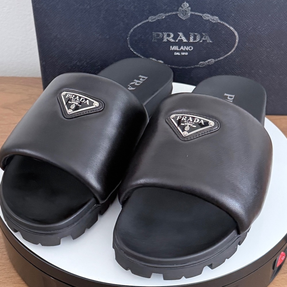 Prada Mens Nappa Soft Leather Slides Nero Black Lug Sole Sandals 2X3099 Sz UK 7